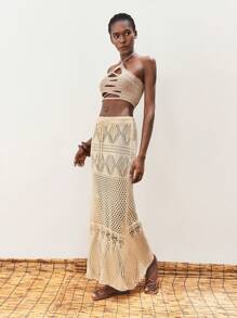 Maija Women's Summer Vacation Hollow Out Knitted Drawstring Waist Sweater Skirt - Khaki - View 4