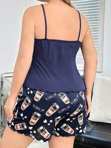 Conjunto de pijama de camiseta de tiras y shorts con estampado de taza de café en tallas grandes