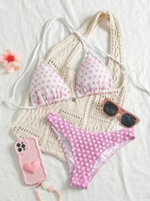 Swim Mod 2pcs Set New 3D Polka Dot Terry Cloth Light Pink White Metal Heart Pendant Halter Neck Sweet Cute Bikini Swimwear For Women For Summer Beach Vacation - Baby Pink - View 2