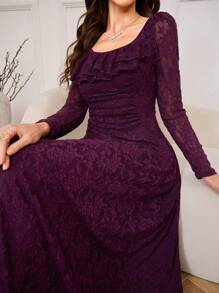 Modelyn Váy midi dài tay họa tiết jacquard dệt kim thanh lịch dành cho nữ, dáng vừa vặn, mùa xuân/thu - Màu tím - Xem 6