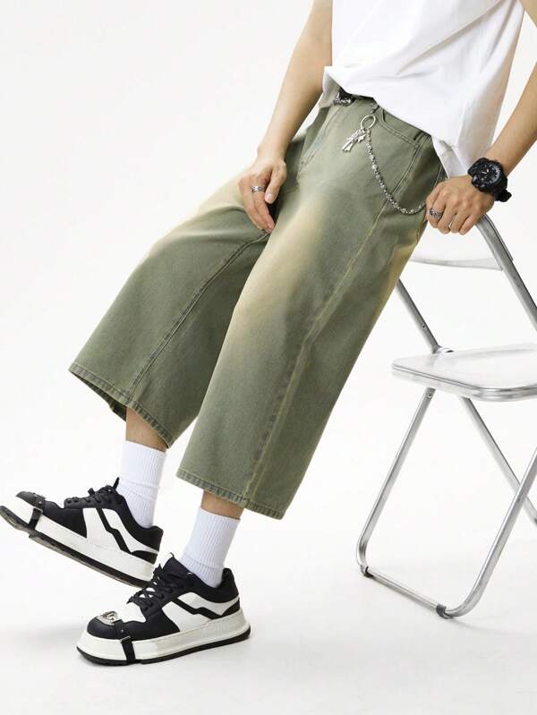Teen Boys Casual Y2K Streetwear Loose Fit Distressed Denim Cropped Jeans, Vintage Washed, Elastic Waist, Summer