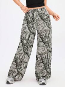 SHEIN EZwear Vollständig bedruckte, locker geschnittene, modische Jeans mit Tascheneinsätzen