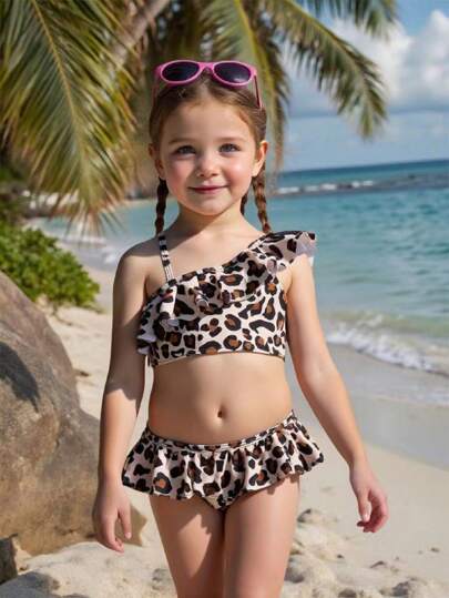 SHEIN Young Girl Cute Leopard Print Ruffled Bikini Set,Adjustable Straps, Asymmetric Neckline Swimsuit