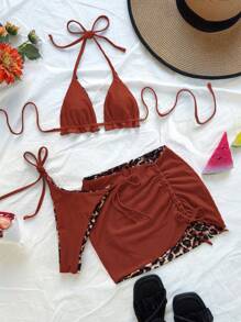 Soleia 3pcs/Set Women Leopard Print Contrasting Red Bikini Set, Vacation