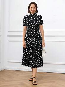 SHEIN LUNE Women's Summer Elegant Polka Dot Print Mid-Length Dress, Graceful Ladies Dress - Black and White - View 1