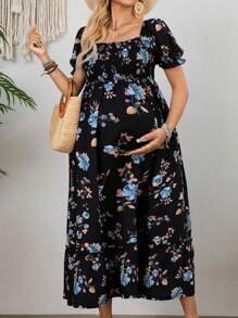 SHEIN 孕妇花卉印花泡泡袖褶皱优雅连衣裙，适合度假