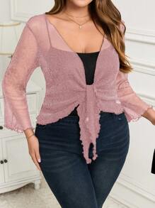 SHEIN Clasi Hollow Lace-Up Ruffles Hem Cropped Cardigan With Puff Sleeves, Festival Costume Plus Size Tops For Women