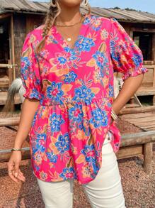 SHEIN LUNE Plus Size Rose Floral Mother's Day Print Puff Sleeve V Neck Blouse - Hot Pink - View 5