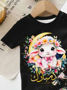 SHEIN 可爱绵羊印花，花卉图案，女婴休闲简约修身圆领短袖裤家居服，适合夏季，修身款，适合开斋节、家庭聚会 - 彩色 - 查看 5