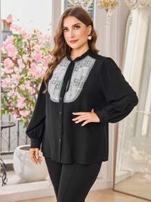 Modelyn Blouse ample à manches longues, col volant, décoration de perles, couleur unie élégante pour le printemps et l'automne, grandes tailles - Noir - Voir 6