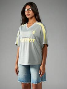 Missguided x Playboy Áo thun thể thao Jersey cỡ lớn phong cách thể thao đường phố cổ điển Varsity Bunny Logo đồ mặc ở nhà thường ngày phong cách bóng chày áo thun thể thao giải trí - Xám - Xem 7