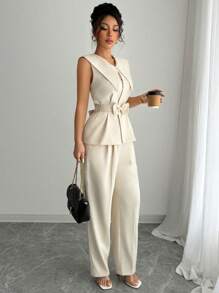 Elenzga Completo estivo da donna composto da blusa smanicata elegante con fiocco in vita e pantaloni lunghi, adatto per festival musicali, vacanze e uso quotidiano in tutte le stagioni