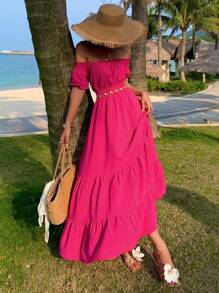 DAZY Vestido de mujer con hombros descubiertos, cintura fruncida y manga corta en línea A, ropa de vuelta al colegio y atuendos de vacaciones para mujeres - Rosa - Ver 4