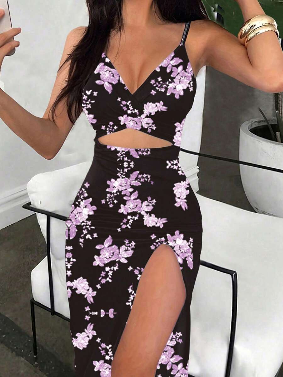 Chiquease Printed Asymmetrical Hem High Side Split Spaghetti Strap Cross Back Bodycon Dress For Spring/Summer Maxi Women Outfit