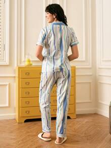 Chillnights Conjunto de pijama informal de mujer de crepe con cuello vuelto y rayas de colores
