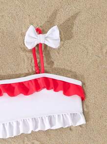 Young Girl 3pcs Set Red Cherry Print Swimsuit With Positioning Print - Red - View 4
