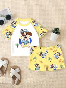 SHEIN Baby Jungen süßer Hund Muster lässiges schlankes Rundhals Kurzarm Top und Shorts Badeanzug Set, geeignet für den Sommer - Verschiedenfarbig - Übersicht 3
