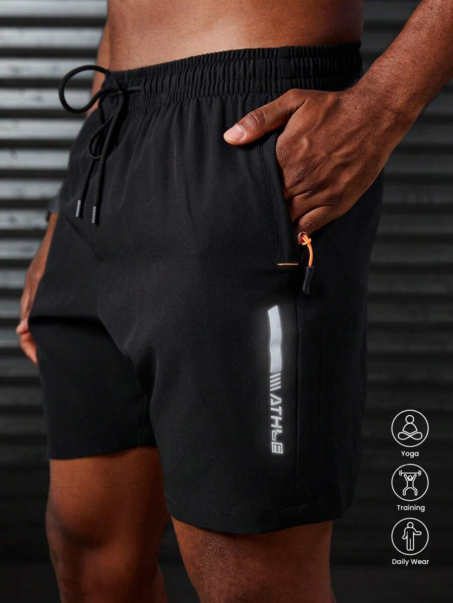 Manfinity Sport Polished Men's Reflective Stripe Letter Print Drawstring Waist Sports Shorts Sweater Shorts Running Shorts