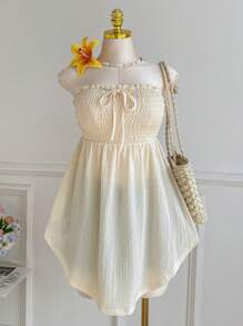 Comfortcana Plus Size Lace Hollow-Out Jacquard Tie Front Asymmetrical Hem Tube Top, Suitable For Spring And Summer