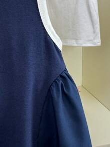 Souflis Souflis 女童靛蓝色运动休闲连衣裙，针织和梭织拼布不对称色块，适合女婴夏季玩耍、居家、度假，甜美可爱 - 彩色 - 查看 6