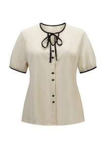 Modelyn Camisa para mujer de talla grande, elegante y sencilla, con diseño de lazo para ir a trabajar - Albaricoque - Ver 3