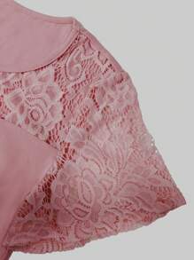 Women Lace Patchwork Round Neck Short Sleeve Dress - Pink - View 4