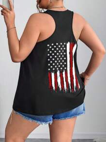 SHEIN CURVE+ Plus Size National Flag Print Casual Sleeveless Tank Top For Summer4th Of July / USA / 4th Of July Outfits / 4th Of July Clothes / 4th Of July Women/Graphic Tees