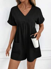 SHEIN Clasi Peto de manga corta con escote en V y estampado de ola verde jacquard para mujer, conjunto elegante para usar a diario o de vacaciones, primavera/verano