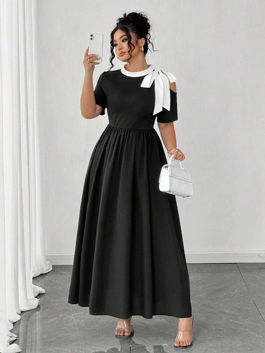 Elenzga Summer Open Shoulder Colorblock Tie-Bow Dress