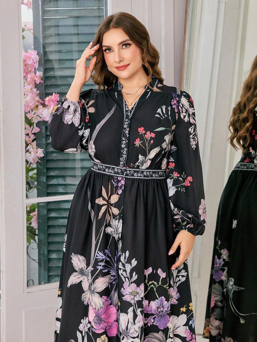 Modelyn 大码时尚浪漫花卉图案 A 字型束腰连衣裙 - 黑色 - 查看 1