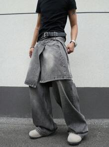 Manfinity EMRG Men's Dark Grey Denim Jeans With Zipper Detail And Unique Layered Kilt Design Long Length Fashion-Forward Style - Dark Grey - View 6