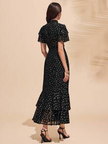 Almamuse Women's Elegant Gold Foil Black Dress, Fashionable For Summer Ruffle Polka Dot High Neck Dress