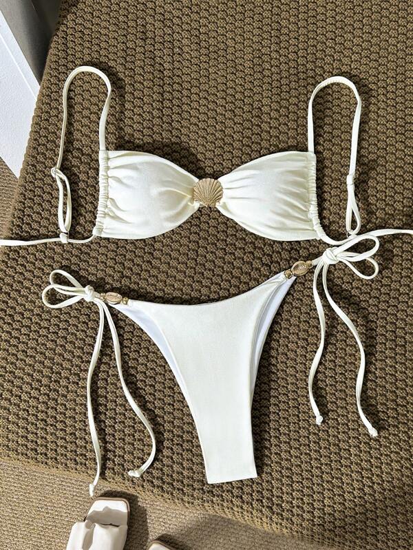 Swim Vcay Conjunto de bikini blanco de verano para mujer con parte superior tipo tankini con tirantes finos y acolchado con decoración de conchas, y Bottom con lazos laterales