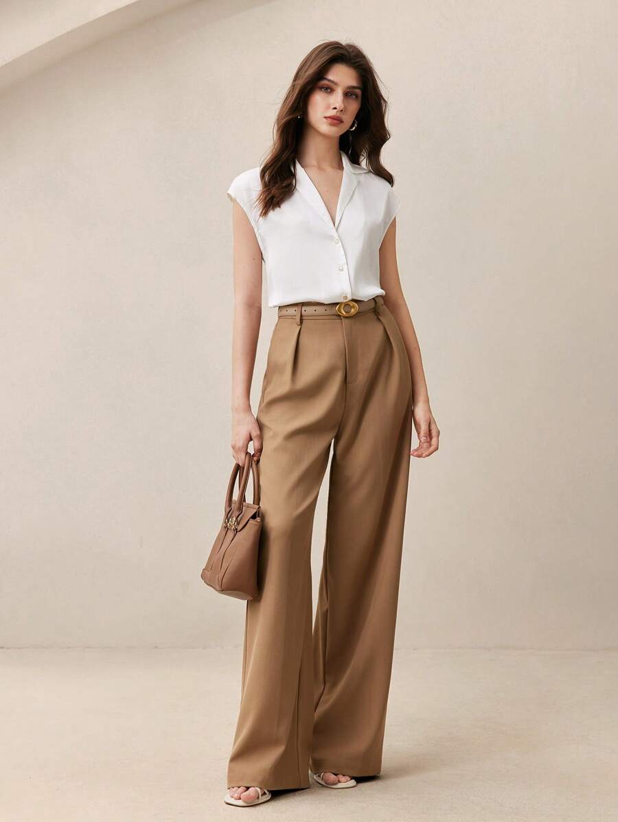 BizChic 2025夏季新款独立日音乐节派对聚会夏季衬衫，适合婚礼嘉宾，早午餐，都市时尚通勤，日常搭配，春夏新款优雅女士无袖缎面翻领衬衫 - 白色 - 查看 1