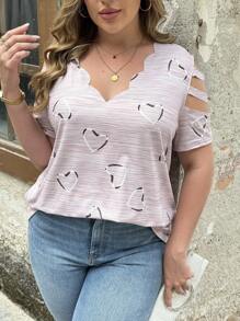 SHEIN Clasi T-shirt élégant avec graphique en forme de cœur, mode pour l'été, grandes tailles - Rose bonbon - Voir 3