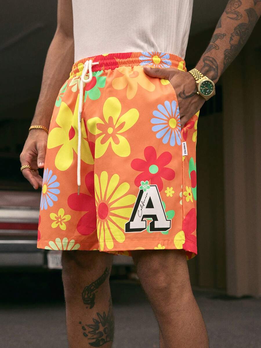 AXEPEAK Summer Floral Print Men's Drawstring Waist Pocket Shorts - Orange - View 1