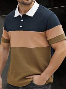 Manfinity Homme Plus Size Men's Casual Contrast Color Button Half-Placket Short Sleeve Polo Shirt, Summer - Multicolor - View 1