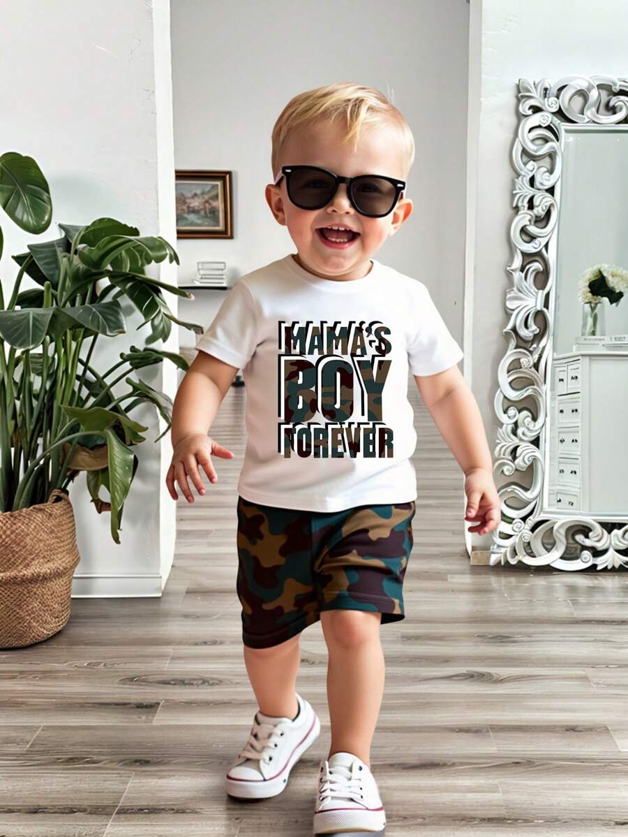 Baby Boy Simple Graphic Short Sleeve Round Neck T-Shirt & Shorts Set, Casual Summer Outfit - Black and White - View 1
