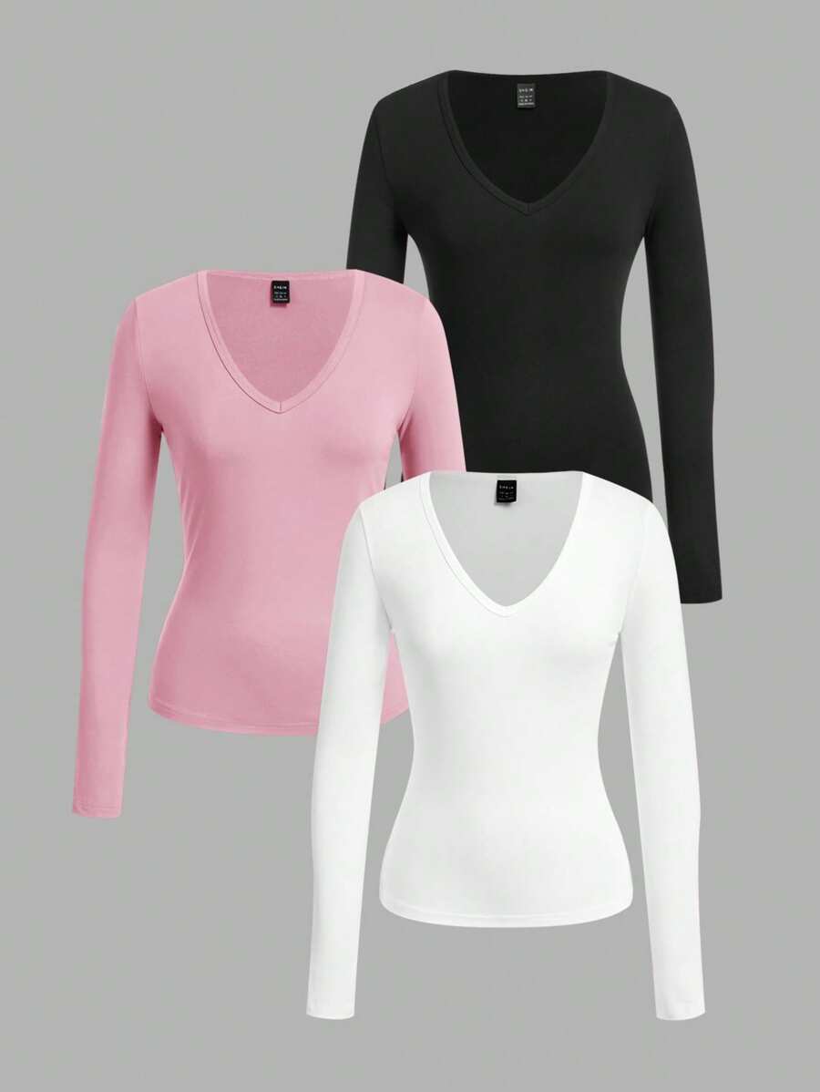 SHEIN EZwear 3件套女士深V领紧身休闲长袖T恤套装,黑色/粉色/白色,适合秋冬 - 彩色 - 查看 1