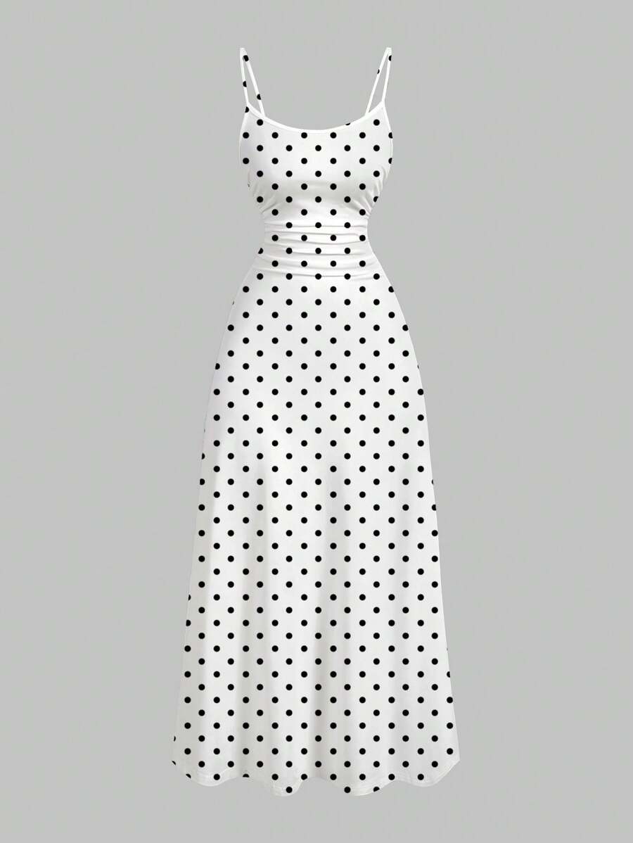 Firerie 女式夏季新款休闲简约褶饰腰部优雅波尔卡圆点图案飘逸长款吊带裙 - 彩色 - 查看 1