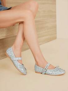 MOTF PREMIUM FASHIONABLE VINTAGE PUNK COMFORTABLE CASUAL STUDDED BOW DECOR MARY JANE ROUND TOE FLAT SHOES - Baby Blue - View 7