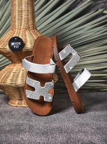 SHUZIA Wide-Fit Women's Color Matching H-Shape Adjustable Band Fashionable & Comfortable Flat Sandals For Daily Wear - Metallic Silver - View 1