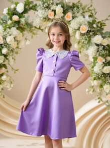 Vestido midi elegante para niña preadolescente con cuello bordado y mangas abullonadas - Morado - Ver 1
