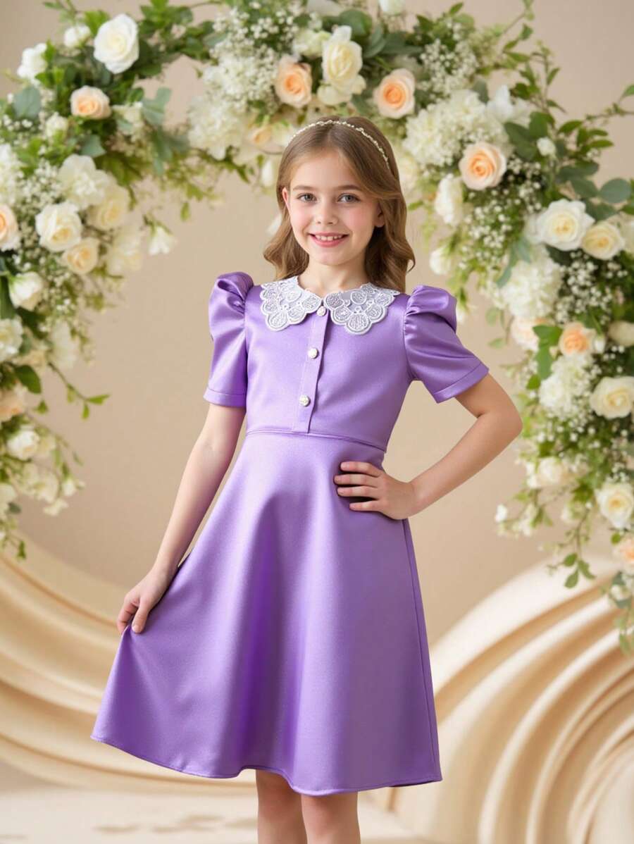 Vestido midi elegante para niña preadolescente con cuello bordado y mangas abullonadas - Morado - Ver 1