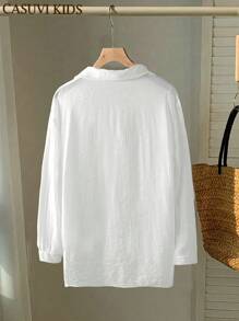 SHEIN Explorewe Fashionable Teen Girls' Solid White Open Front Shirt, Versatile Casual Wear, Protection, Spring/Summer/Autumn - White - View 2