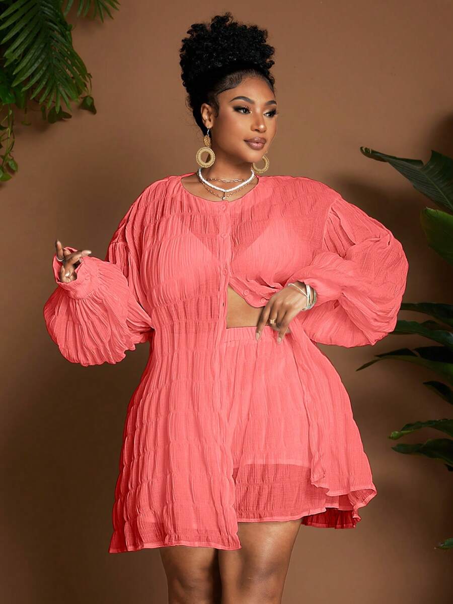 Maweii 2pcs Set Plus Size Elegant Casual Holiday Ruched Lantern Sleeve Top Fall Cloth For Women - Watermelon Pink - View 1