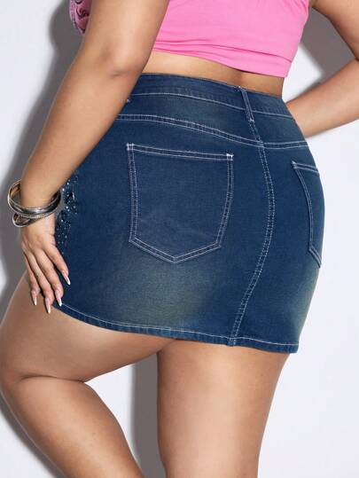 Grunge Punk Plus Size Denim Mini Skirt, Fashionable For Summer