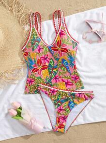 SHEIN Swim New Fashion 2 Pieces Women Summer Beach Plant Pattern Spaghetti Strap Embroidered Trim Vest Cami And Tankini Swimsuit - Multicolor - View 4