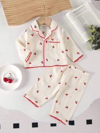 2pcs Baby/Toddler Girls' Cherry Print Long Sleeve Cardigan And Pants Homewear Set, Woven Fabric