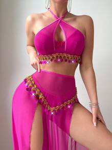 SHEIN 3pcs/Set Sexy Halter Golden Tassel Split Maxi Dress Set For Going Out - Hot Pink - View 4